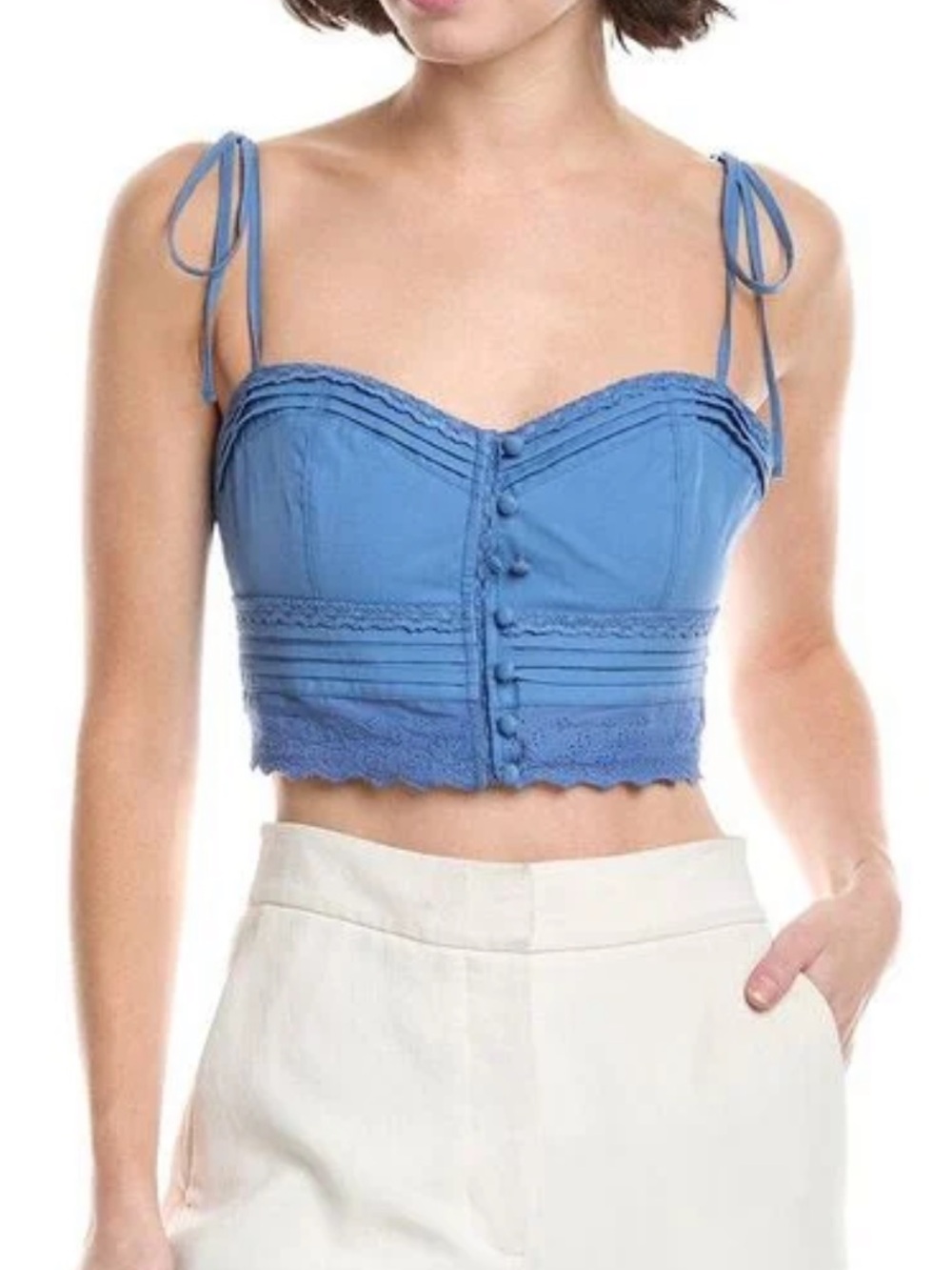 Agua Bendita Sz L Cropped Tank Top Ariel Tile Tie-Shoulder Bustier Blue Lace